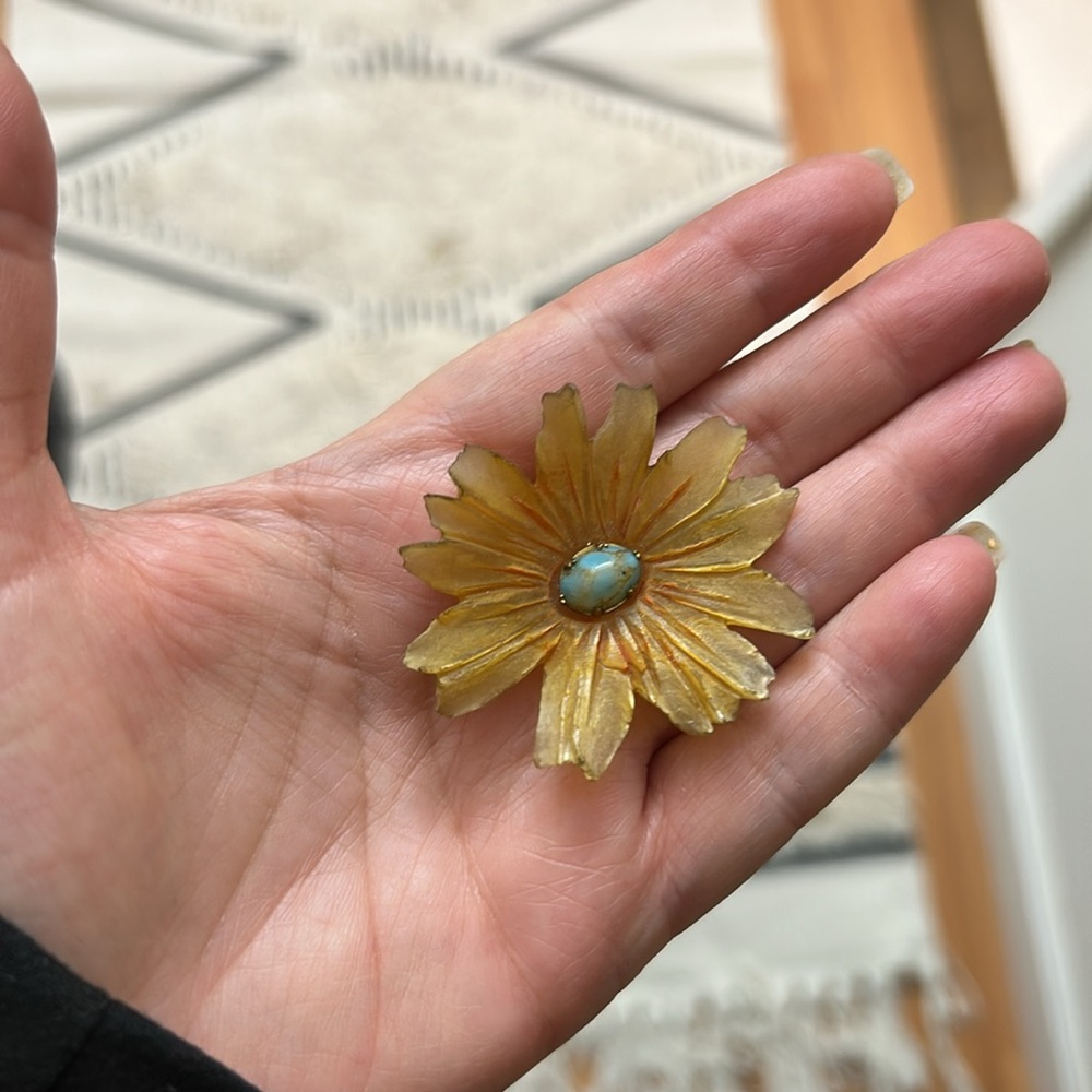 Antique Signed Celluloid Genuine Turquoise Flower C Clasp Brooch - Picture 12 of 15